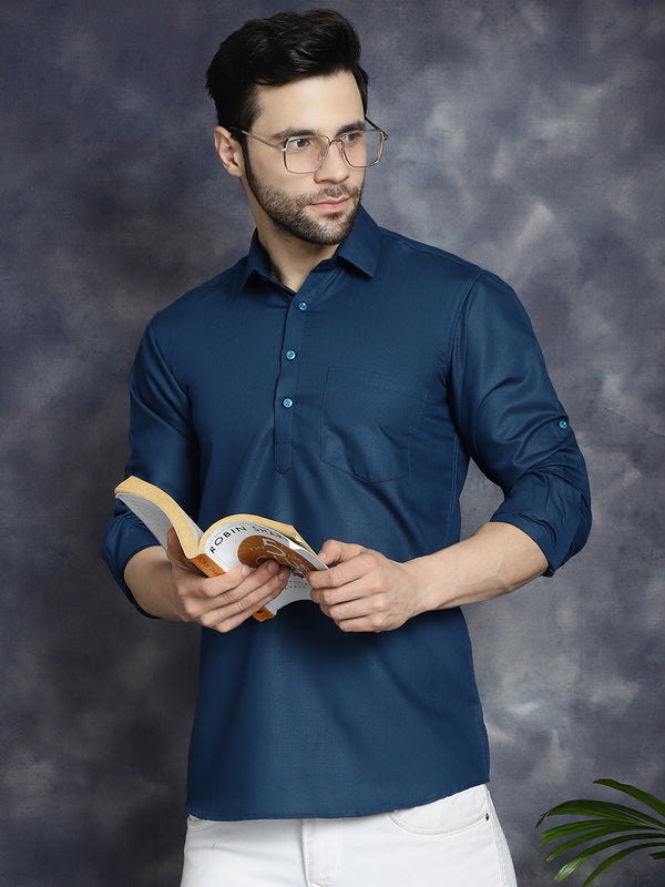 Men's Teal Blue Solid Short Kurtas ( KO 5037Teal )