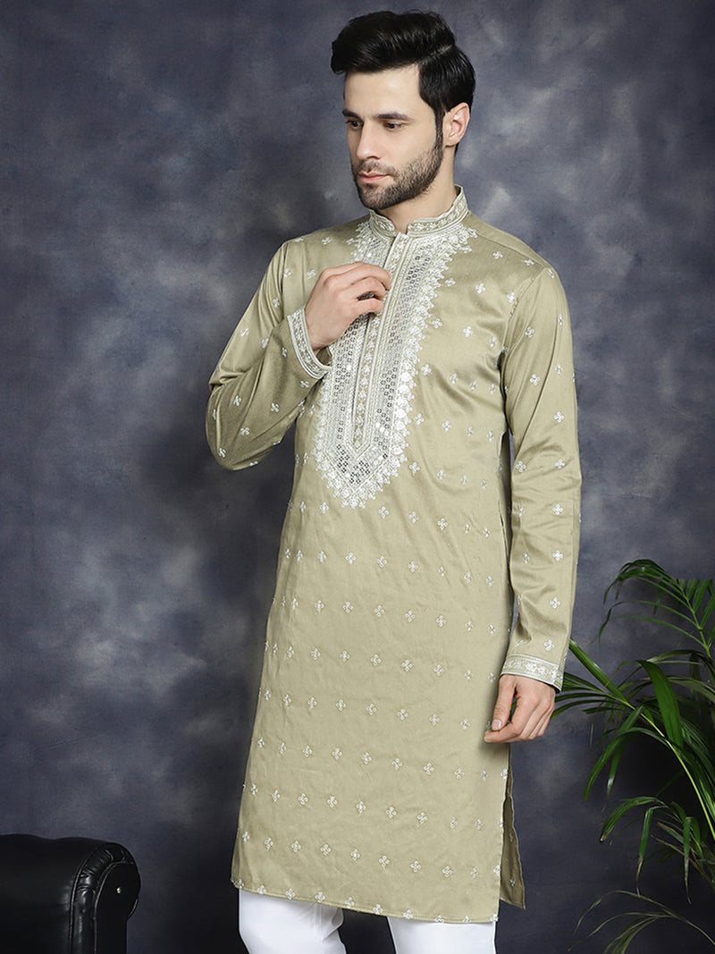 Men's Sequins Embroidered Kurtas ( KO 5038Beige )