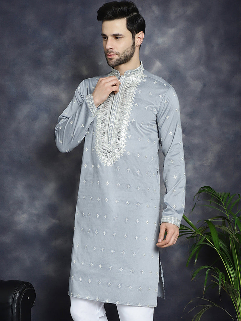 Men's Sequins Embroidered Kurtas ( KO 5038Grey )