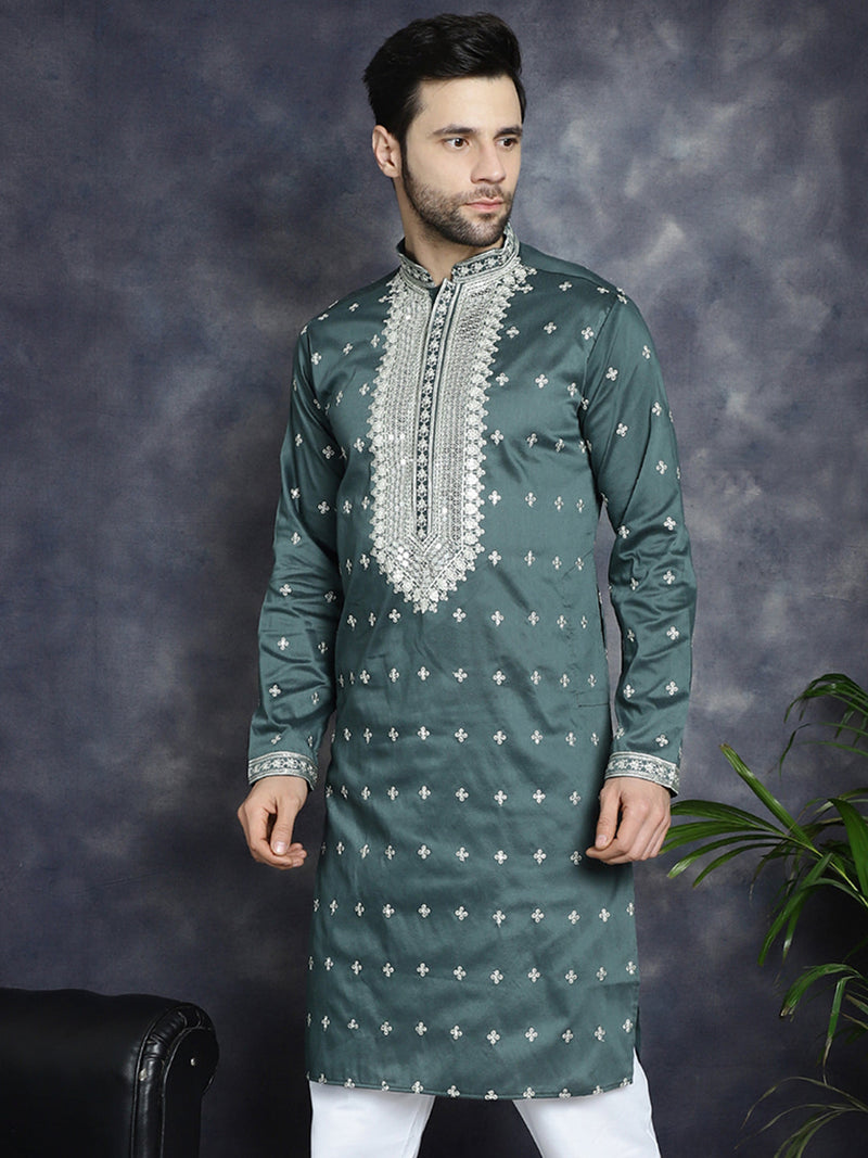 Men's Sequins Embroidered Kurtas ( KO 5038Olive )