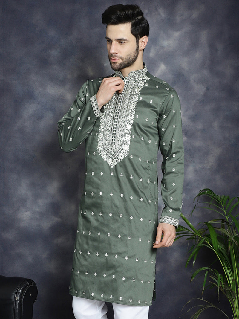 Men's Chikankari Embroidered Kurtas ( KO 5039Olive )