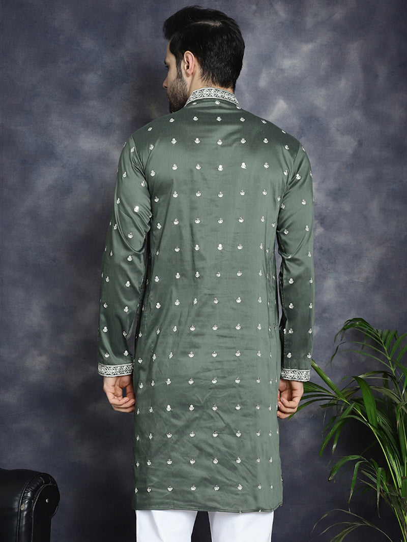 Men's Chikankari Embroidered Kurtas ( KO 5039Olive )