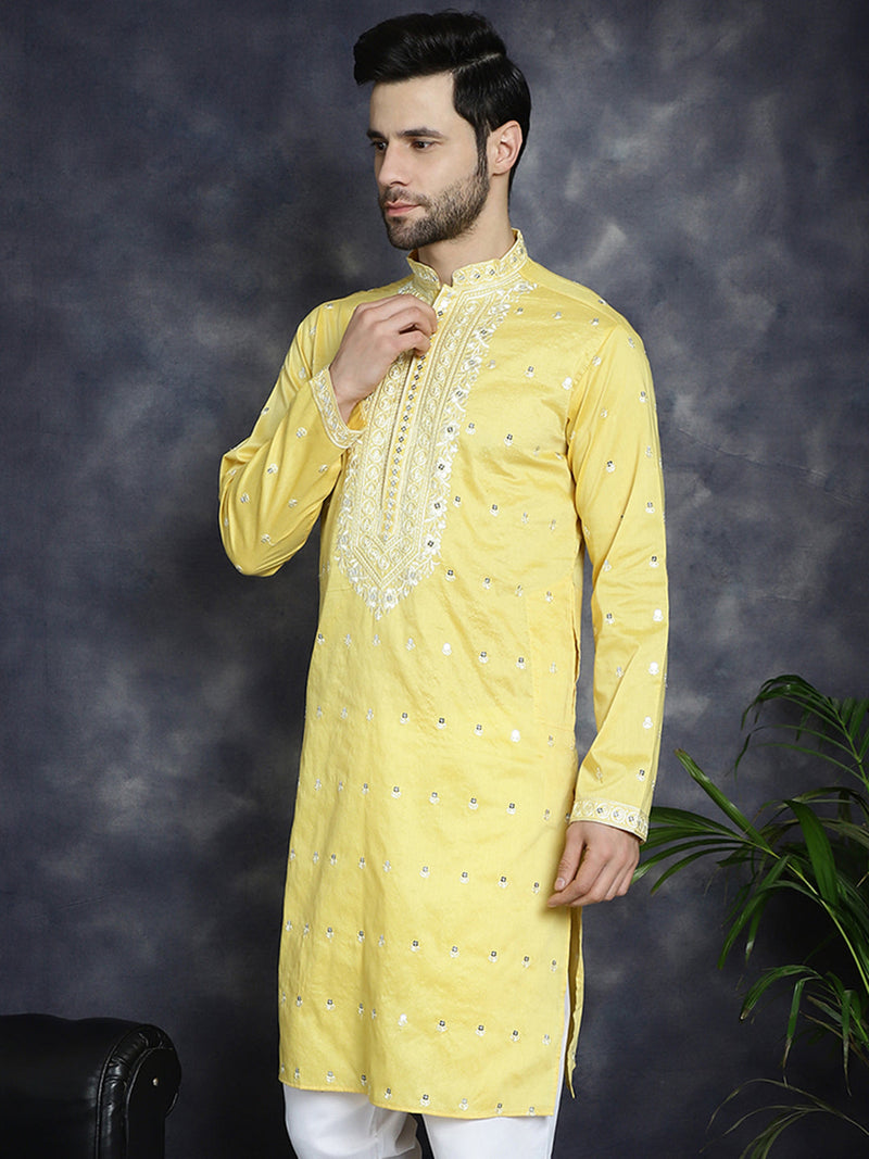 Men's Chikankari Embroidered Kurtas ( KO 5039Yellow )