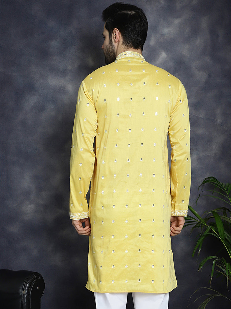 Men's Chikankari Embroidered Kurtas ( KO 5039Yellow )