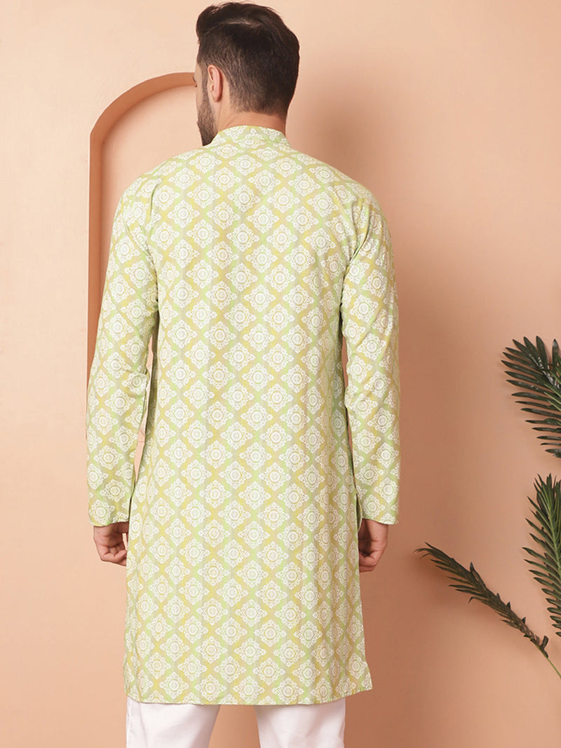 Men Green and White Floral Printed Kurtas