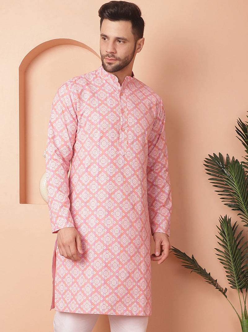 Men Peach and White Floral Printed Kurtas