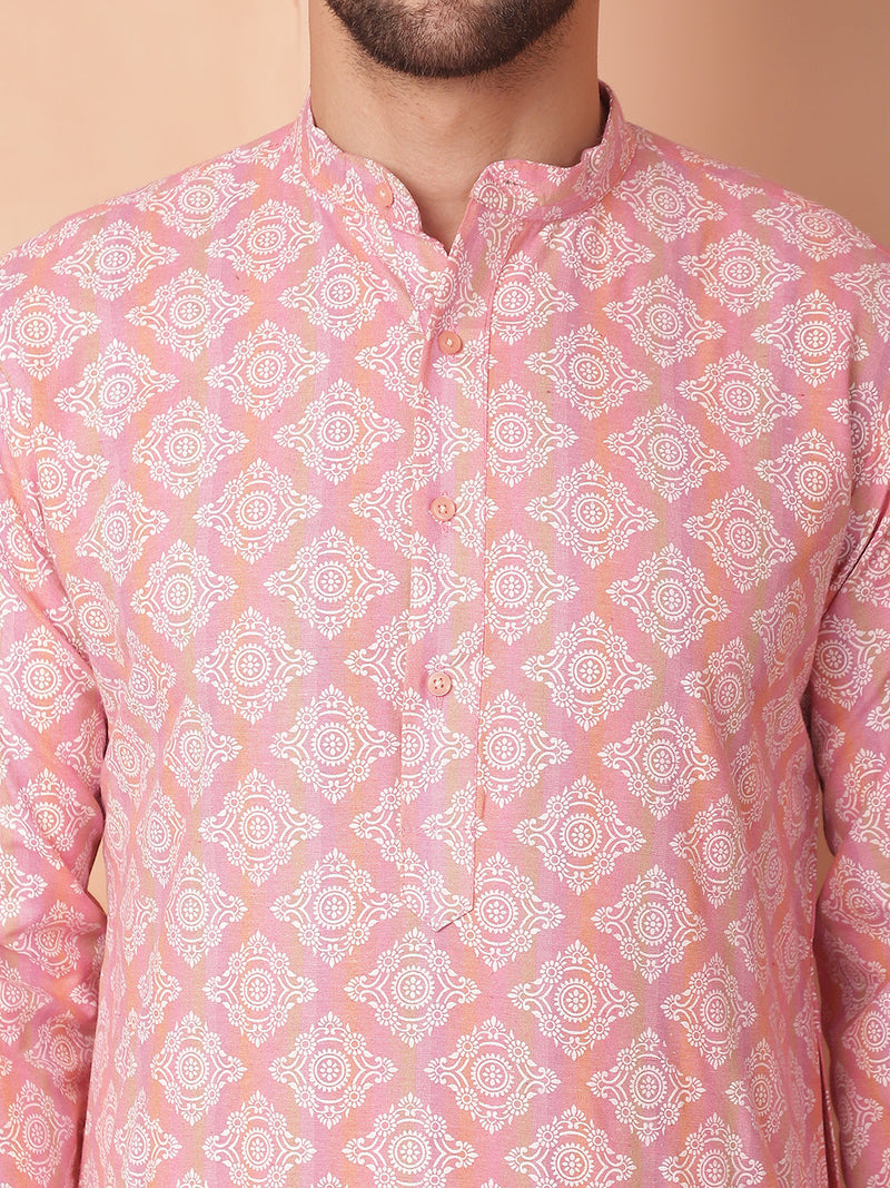 Men Peach and White Floral Printed Kurtas