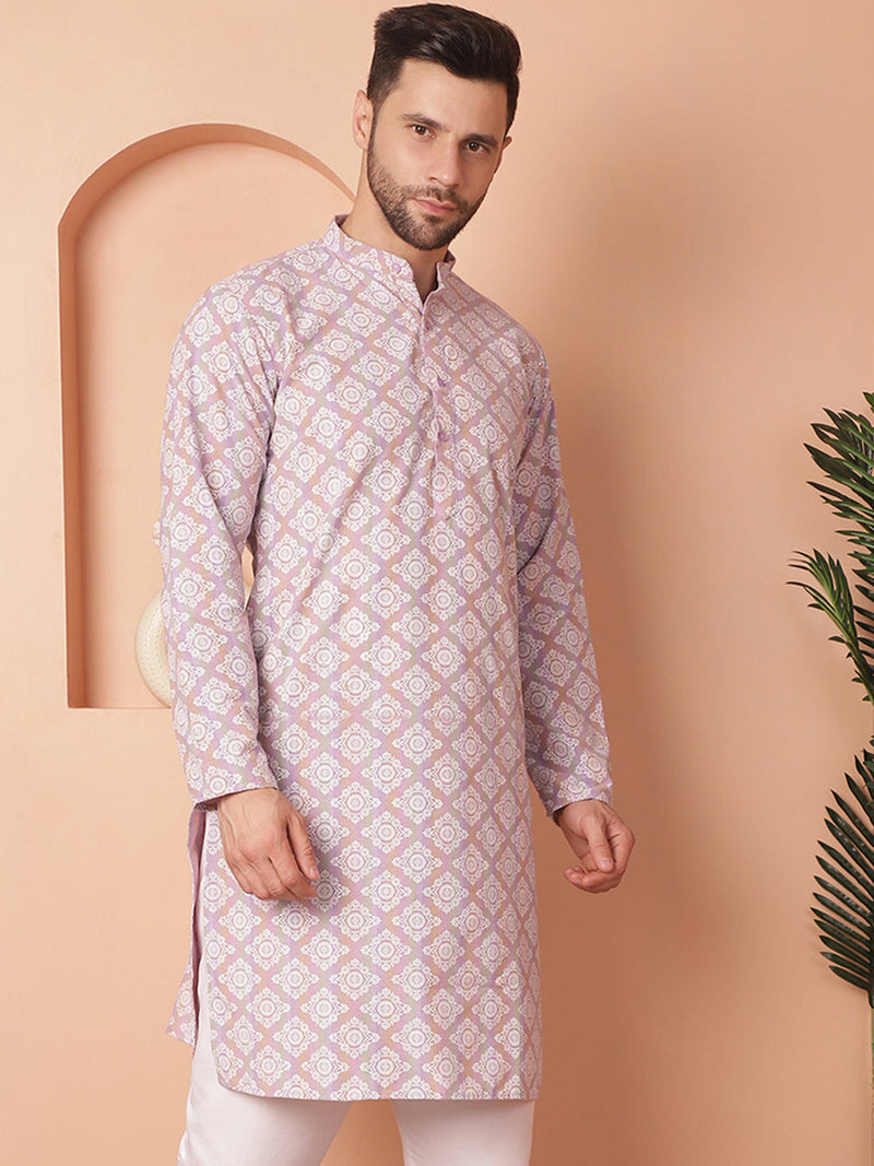 Men Purple and White Floral Printed Kurtas