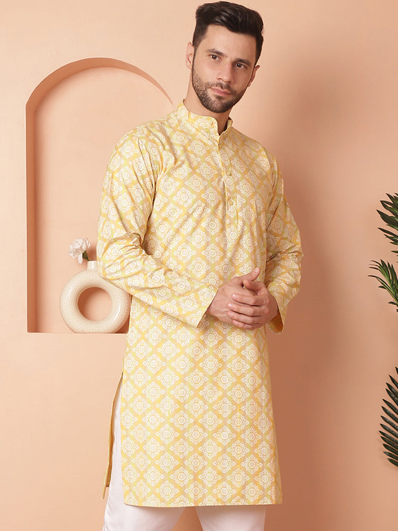 Men Yellow and White Floral Printed Kurtas