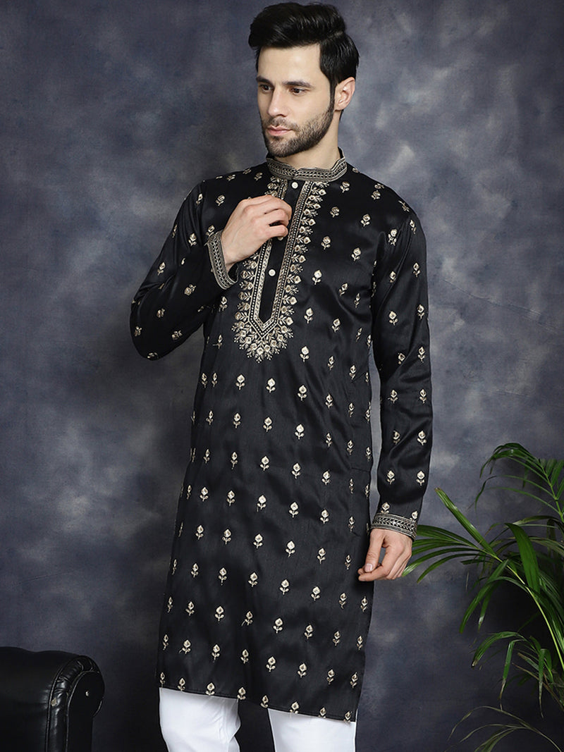 Men's Black Chikankari Embroidered Kurtas ( KO 5042Black )