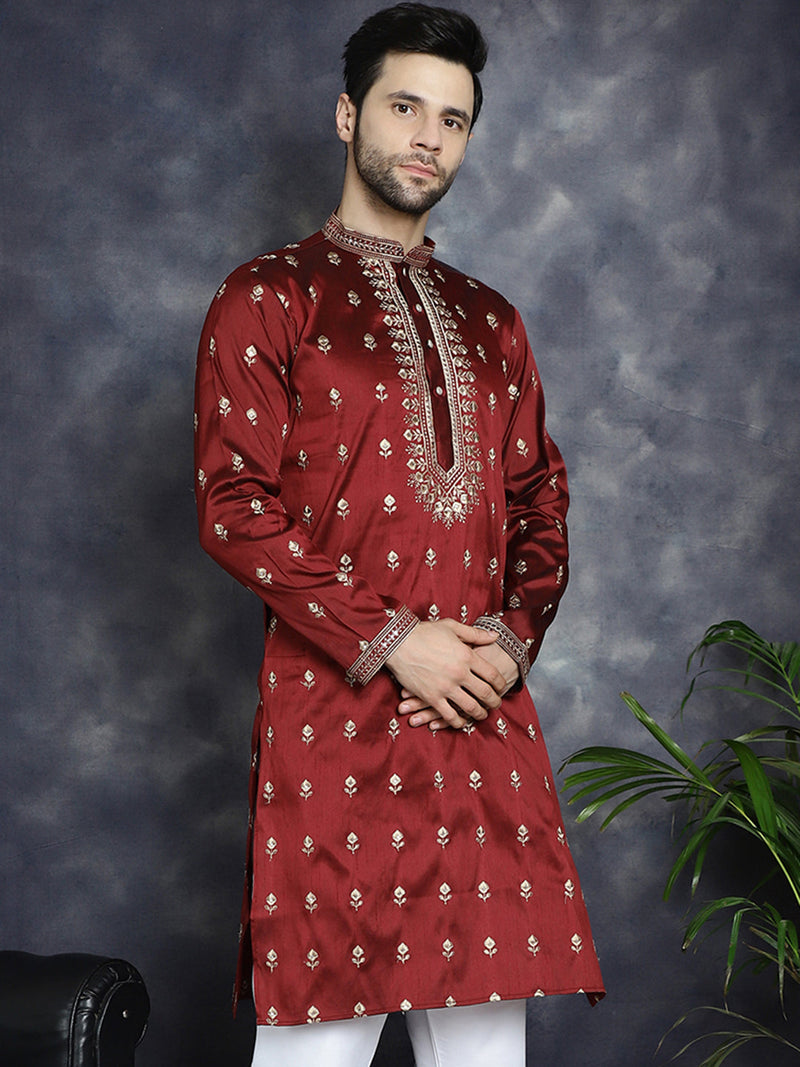 Men's Maroon Chikankari Embroidered Kurtas ( KO 5042Maroon )