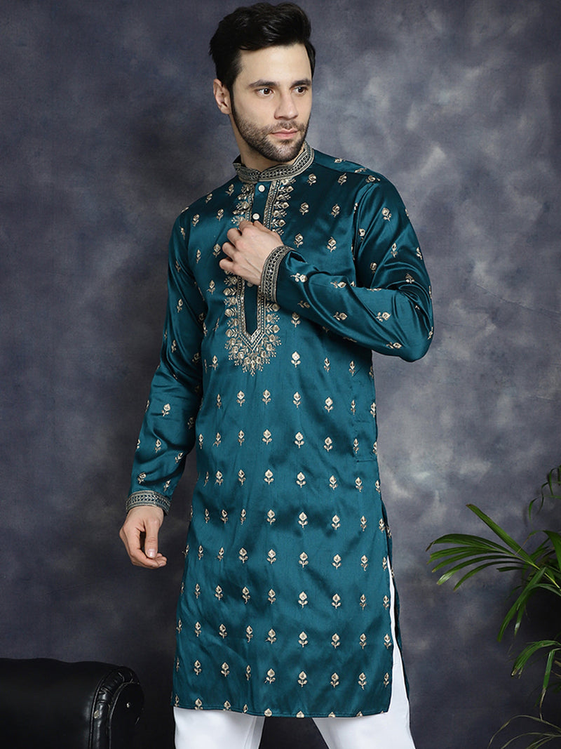 Men's Peacock Blue Chikankari Embroidered Kurtas ( KO 5042Peacock )