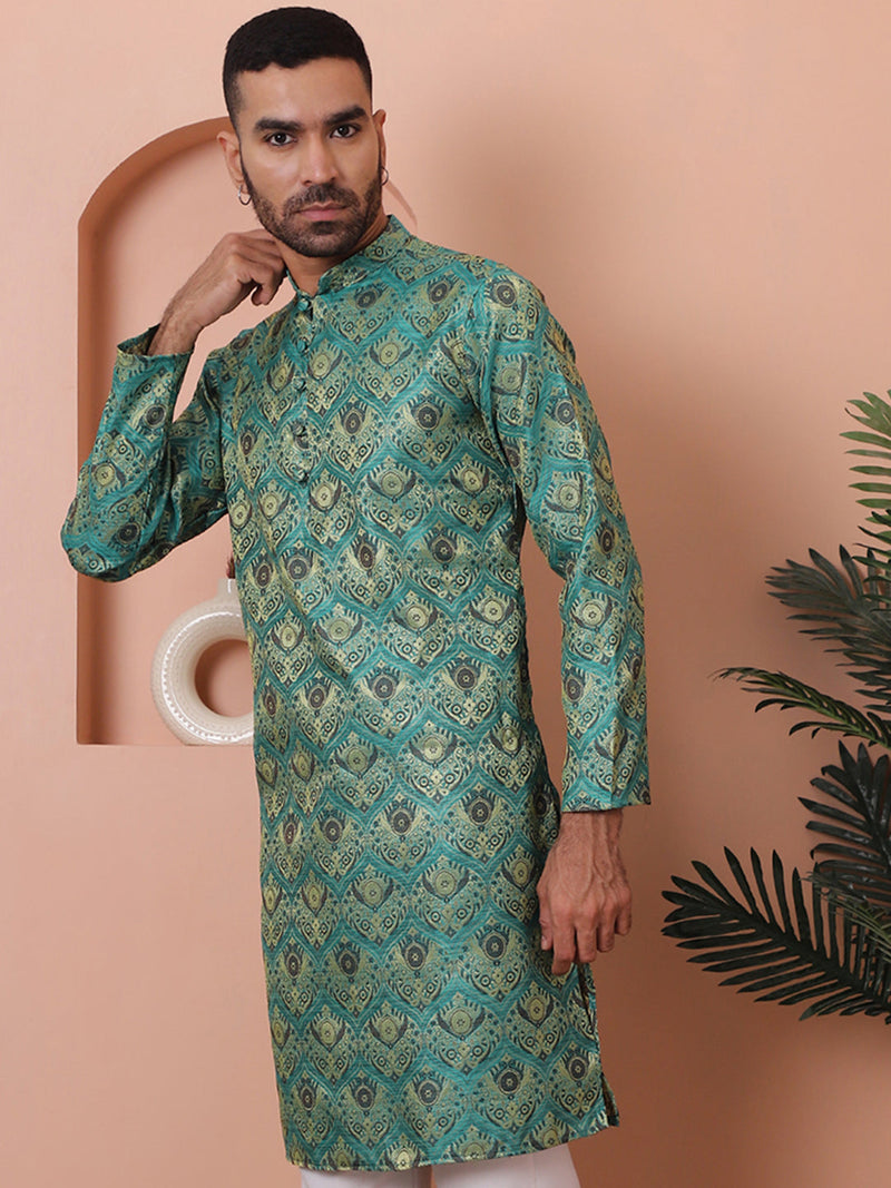 Men Green Silk Blend Straight Kurtas