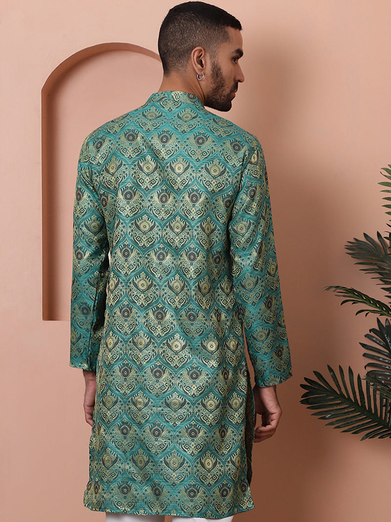 Men Green Silk Blend Straight Kurtas