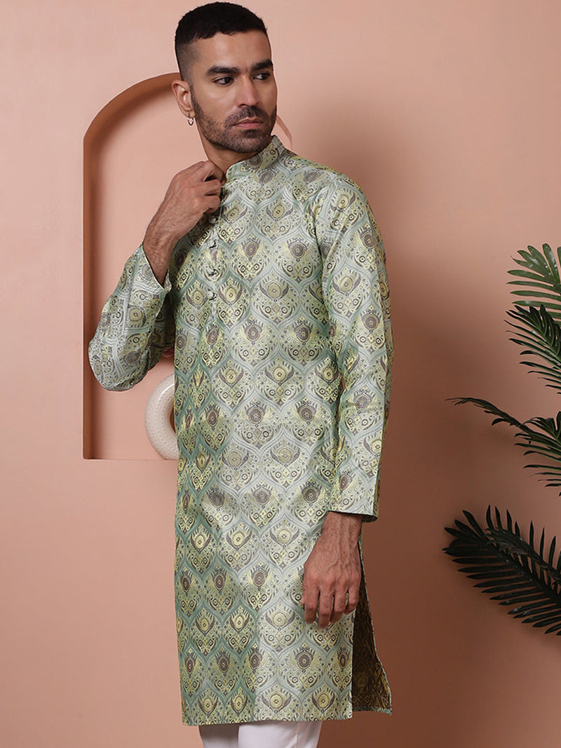 Men Pista Green Silk Blend Straight Kurtas