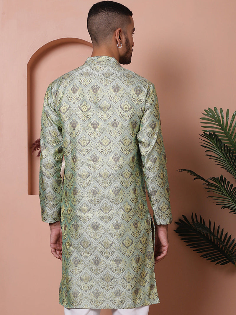 Men Pista Green Silk Blend Straight Kurtas