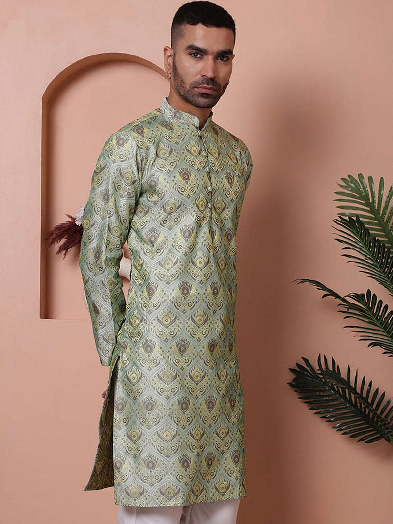 Men Pista Green Silk Blend Straight Kurtas