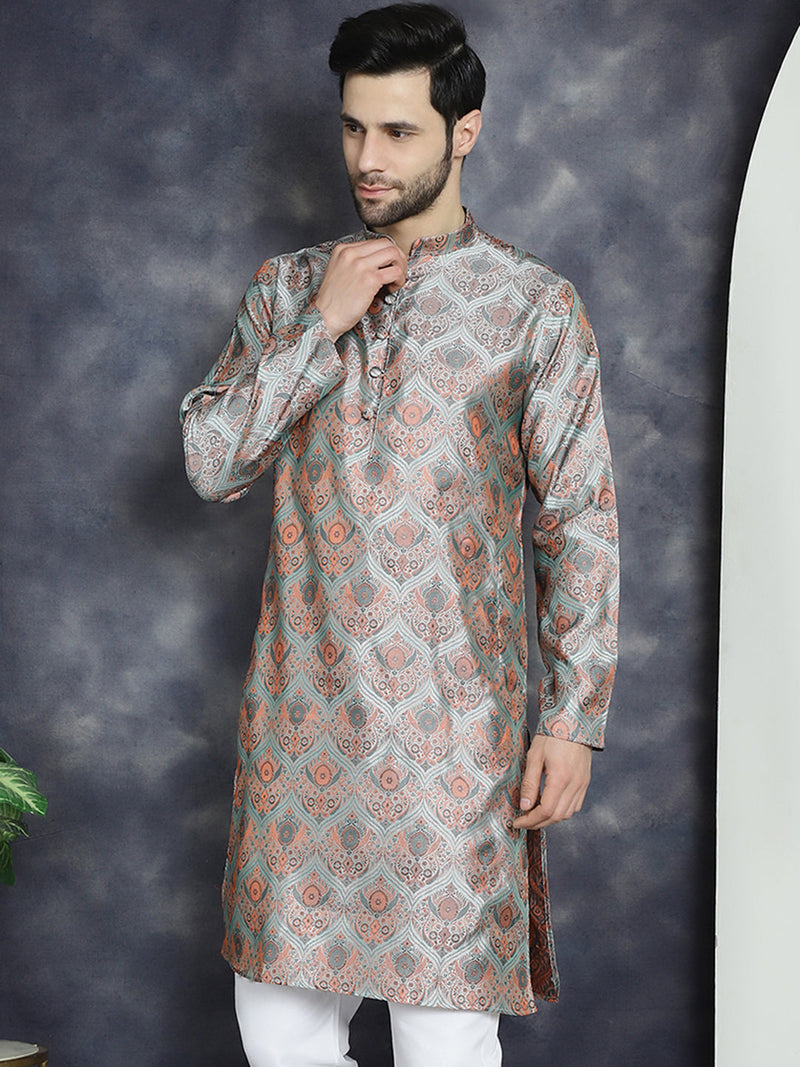 Men Silver Silk Blend Straight Kurtas ( KO 5043Silver )