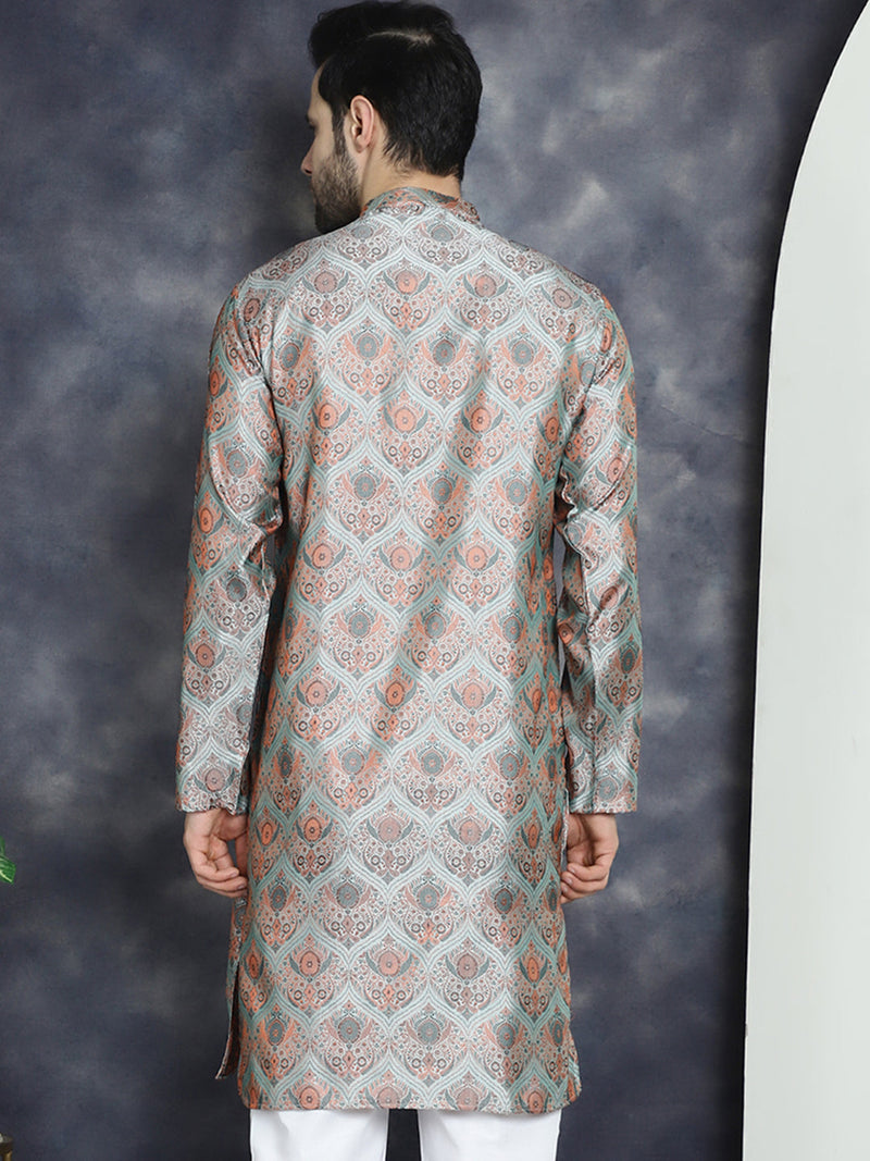 Men Silver Silk Blend Straight Kurtas ( KO 5043Silver )