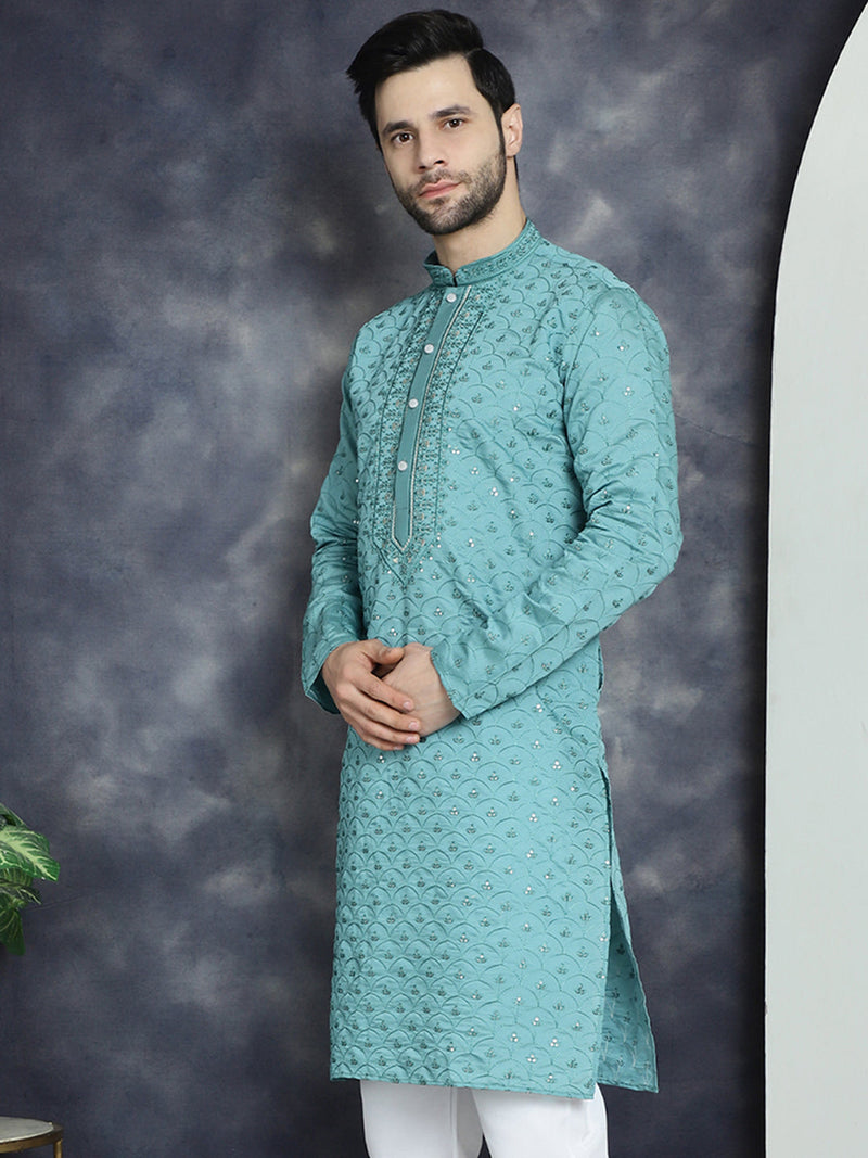 Men's Sequins Embroidered Kurtas ( KO 5044Blue )