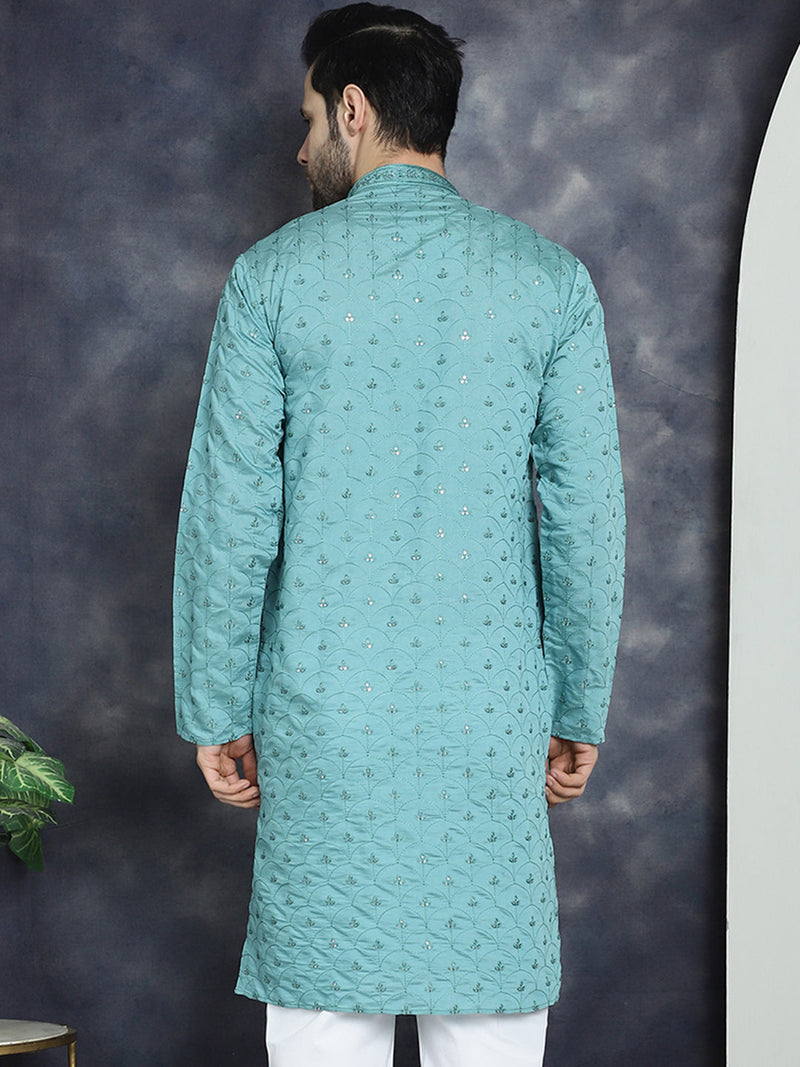 Men's Sequins Embroidered Kurtas ( KO 5044Blue )