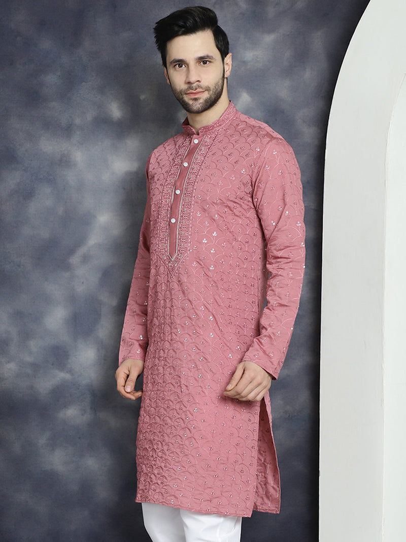 Men's Sequins Embroidered Kurtas ( KO 5044Coral )