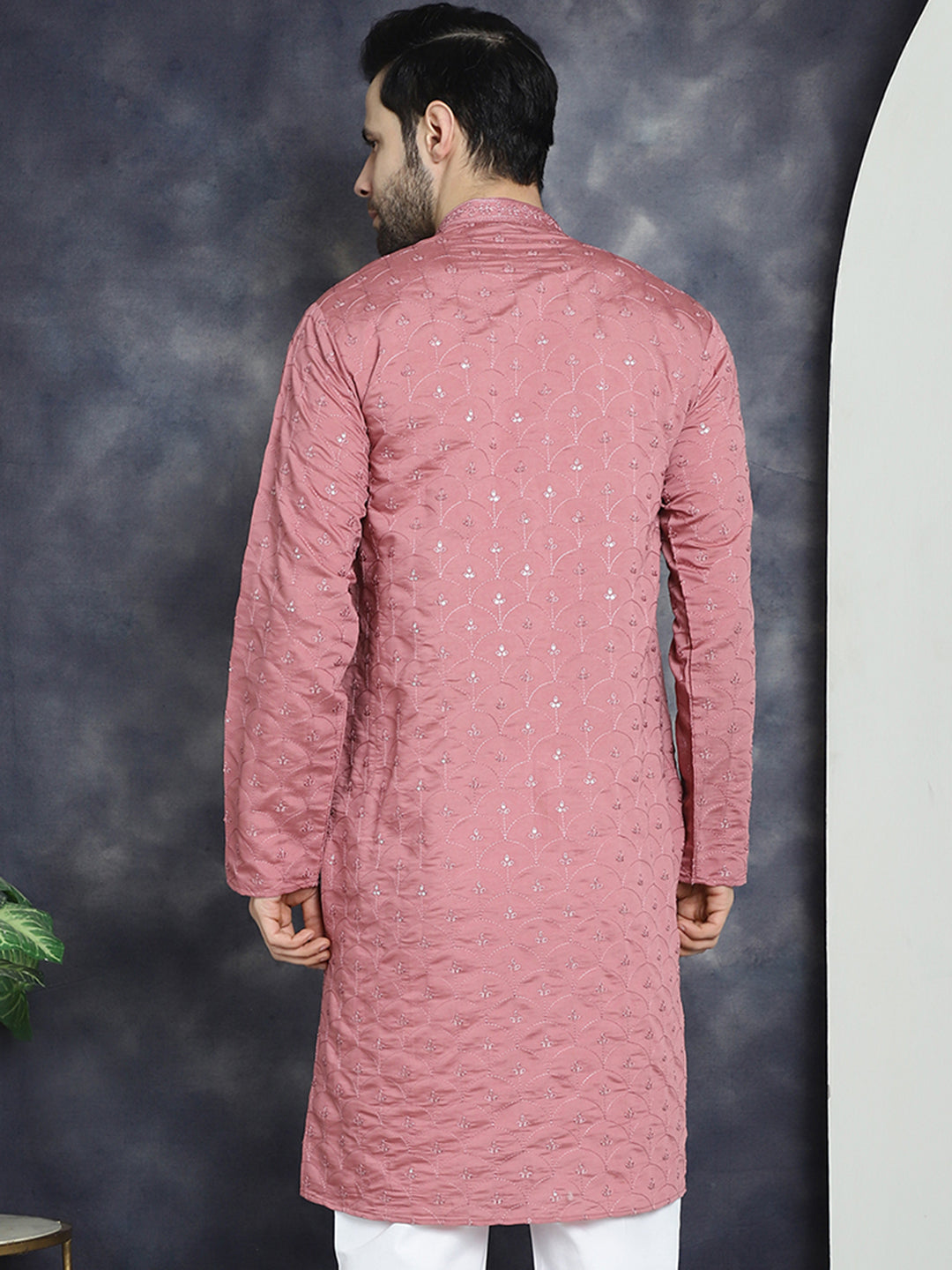 Men's Sequins Embroidered Kurtas ( KO 5044Coral )