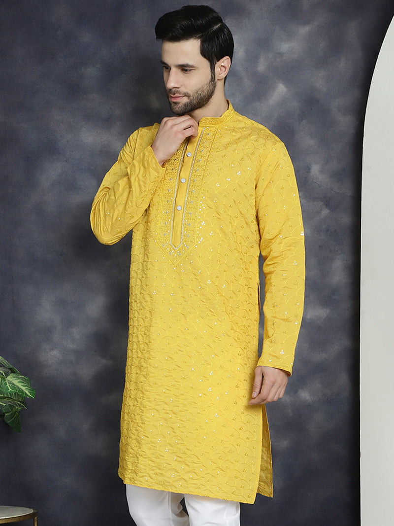 Men's Sequins Embroidered Kurtas ( KO 5044Mustard )