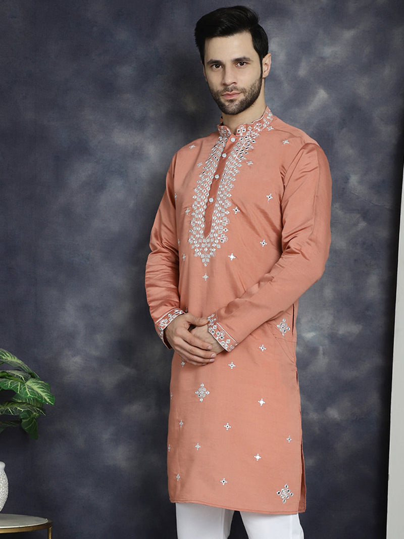 Men's Embroidered Kurtas ( KO 5045Peach )