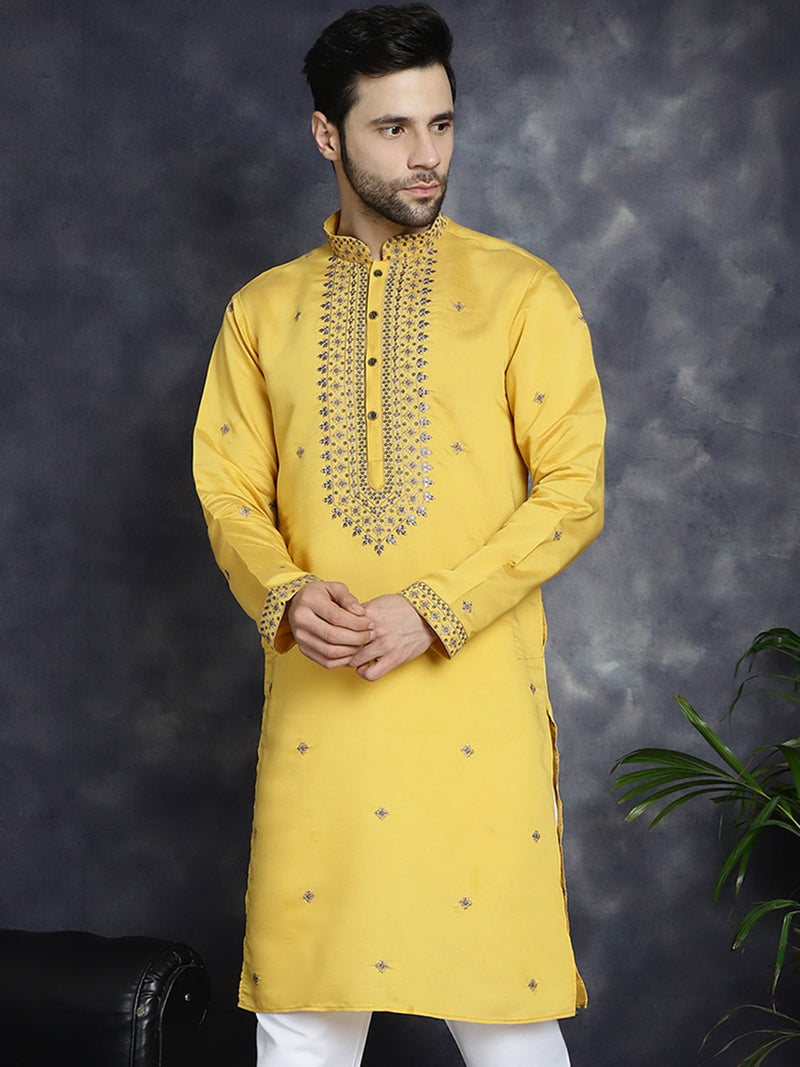 Men's Sequins Embroidered Kurtas ( KO 5046Yellow )