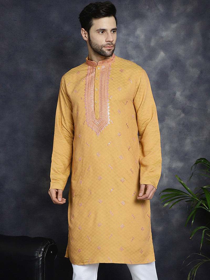 Men's Sequins Embroidered Kurtas ( KO 5047Orange )