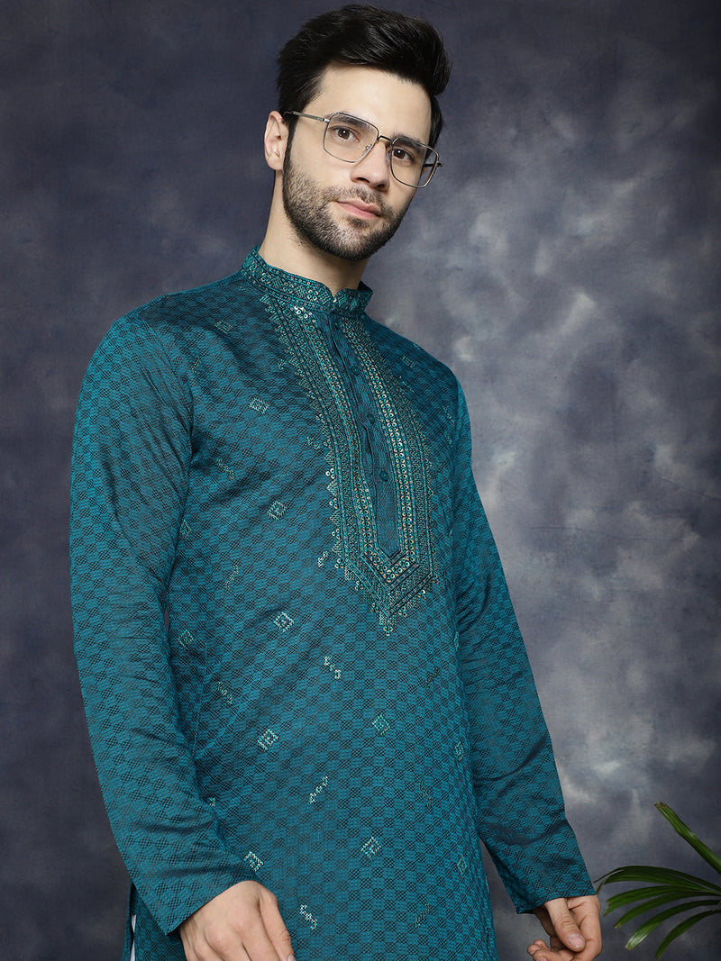 Men's Sequins Embroidered Kurtas ( KO 5047Teal )