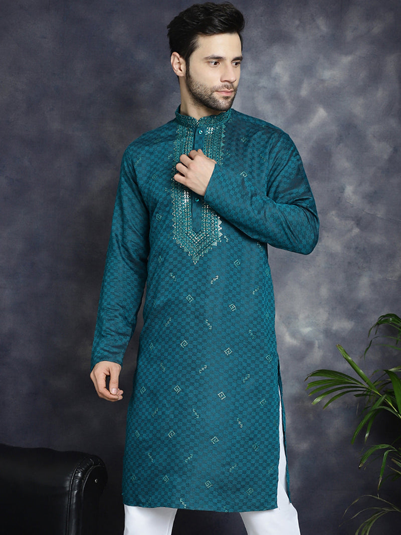 Men's Sequins Embroidered Kurtas ( KO 5047Teal )