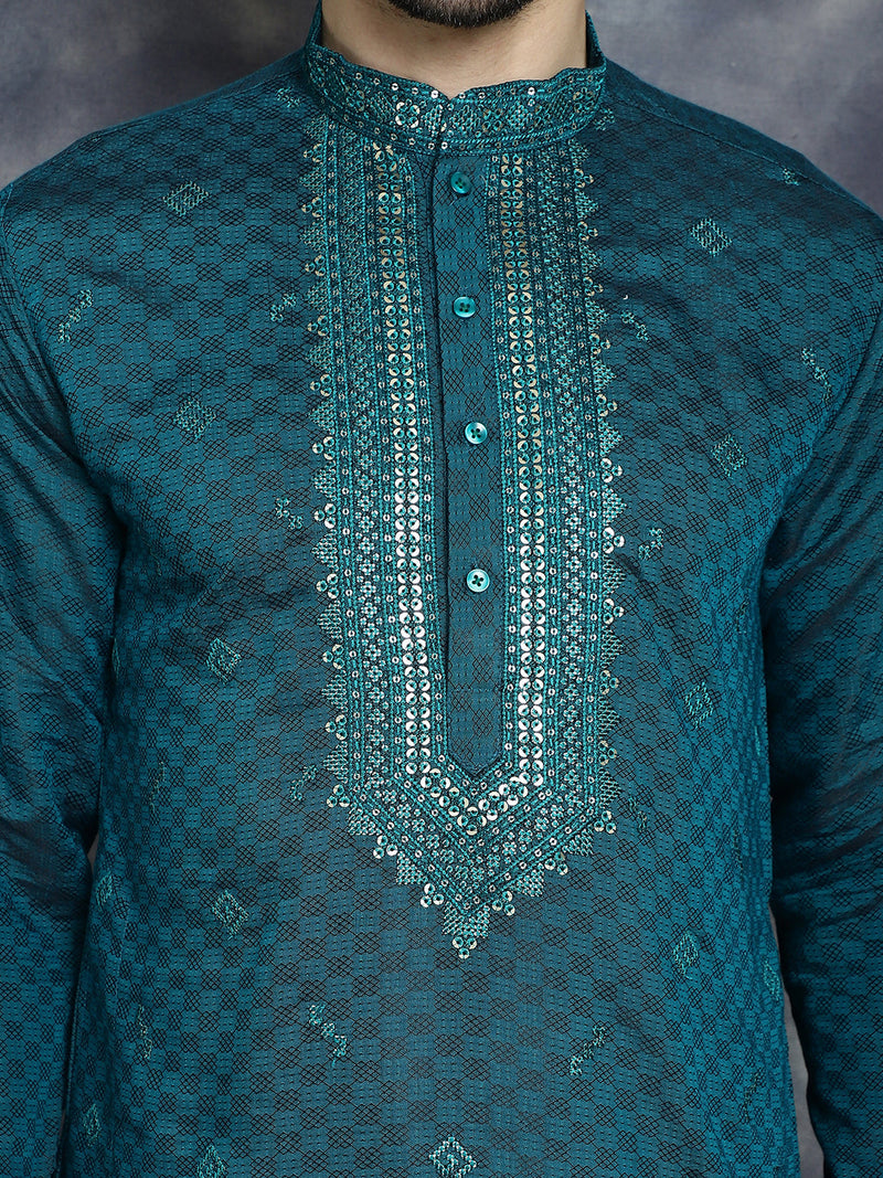 Men's Sequins Embroidered Kurtas ( KO 5047Teal )