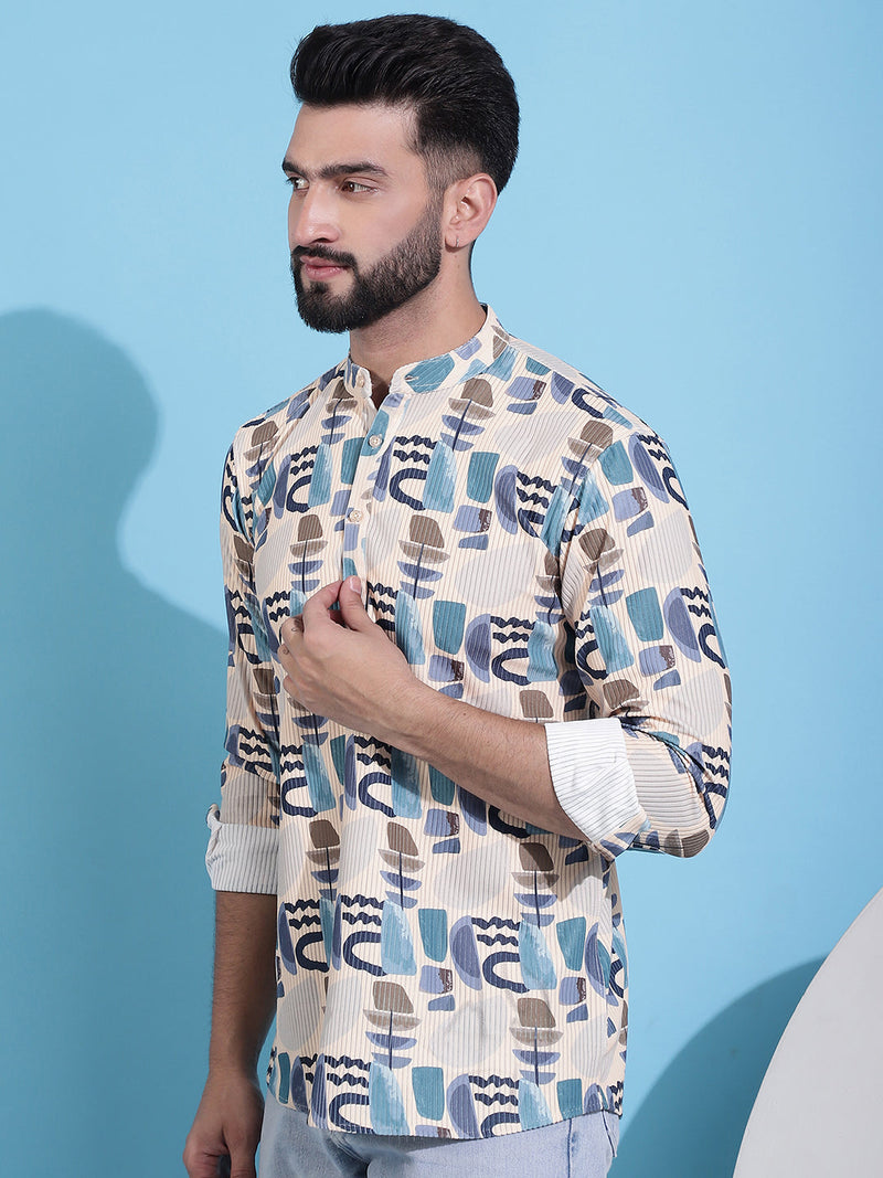 Men Printed Corduroy Short Kurta