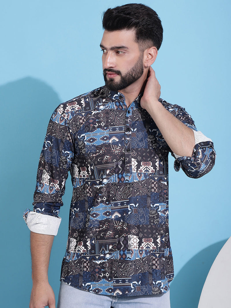 Men Printed Corduroy Short Kurta