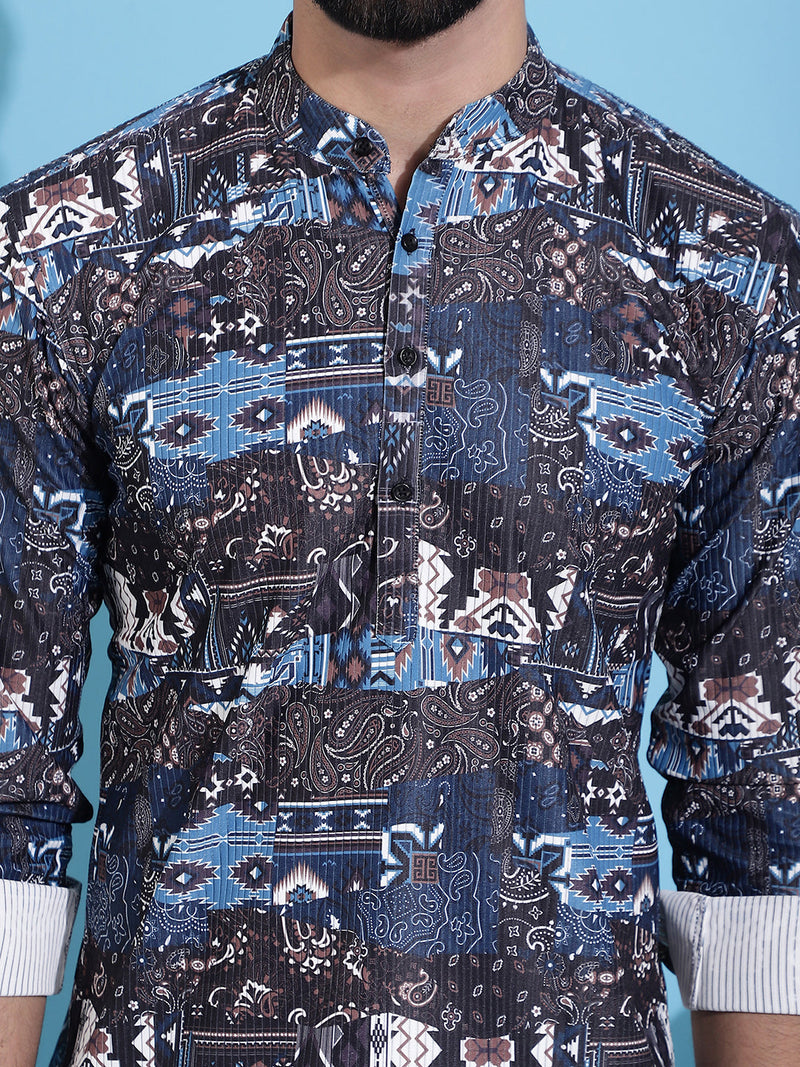 Men Printed Corduroy Short Kurta