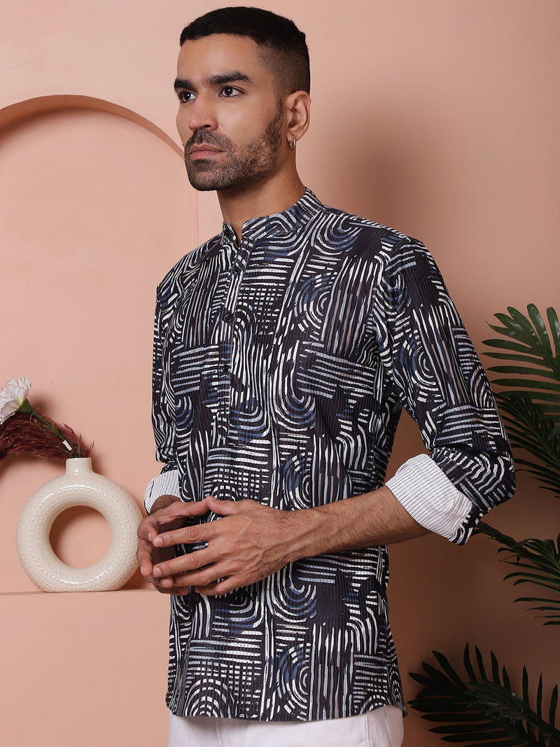 Men Printed Corduroy Short Kurta