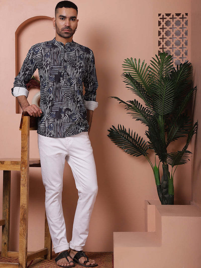 Men Printed Corduroy Short Kurta