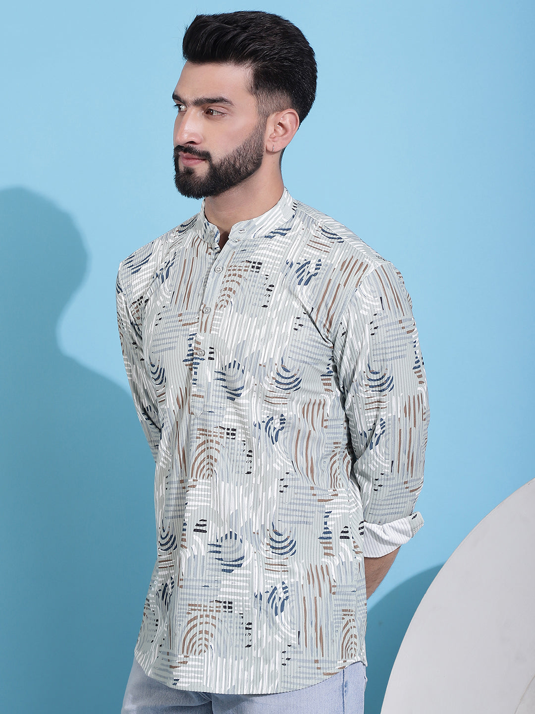 Men Printed Corduroy Short Kurta