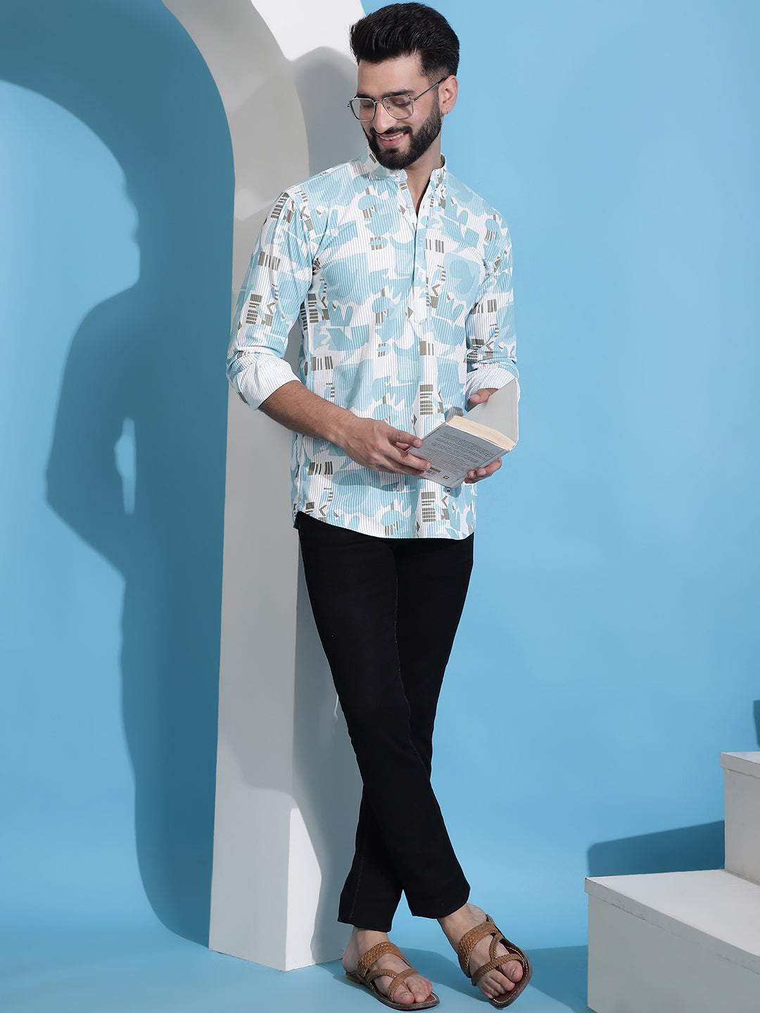 Men Printed Corduroy Short Kurta