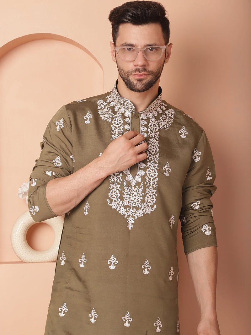 Men's Olive Chikankari Embroidered Kurtas