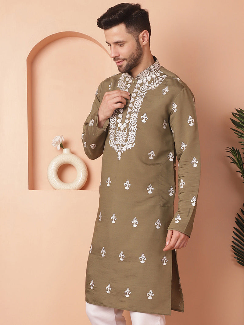 Men's Olive Chikankari Embroidered Kurtas