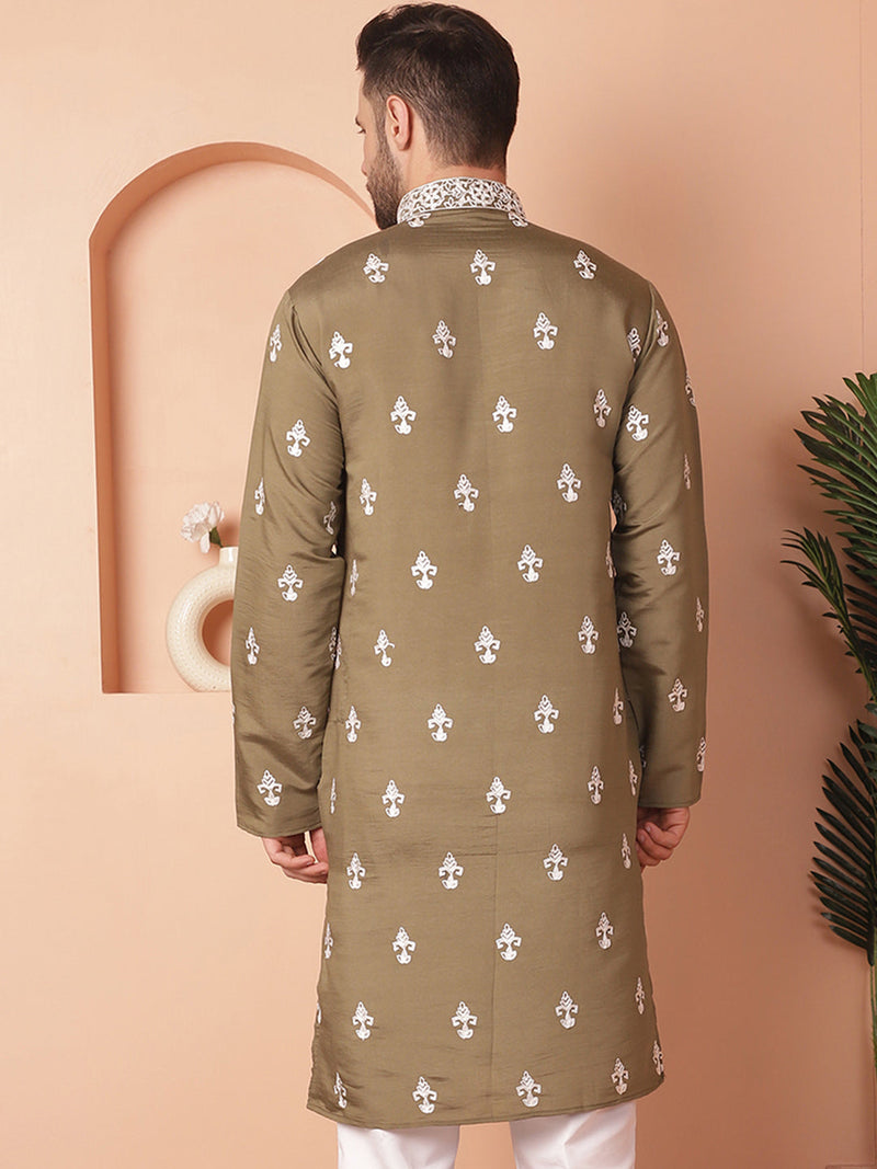 Men's Olive Chikankari Embroidered Kurtas