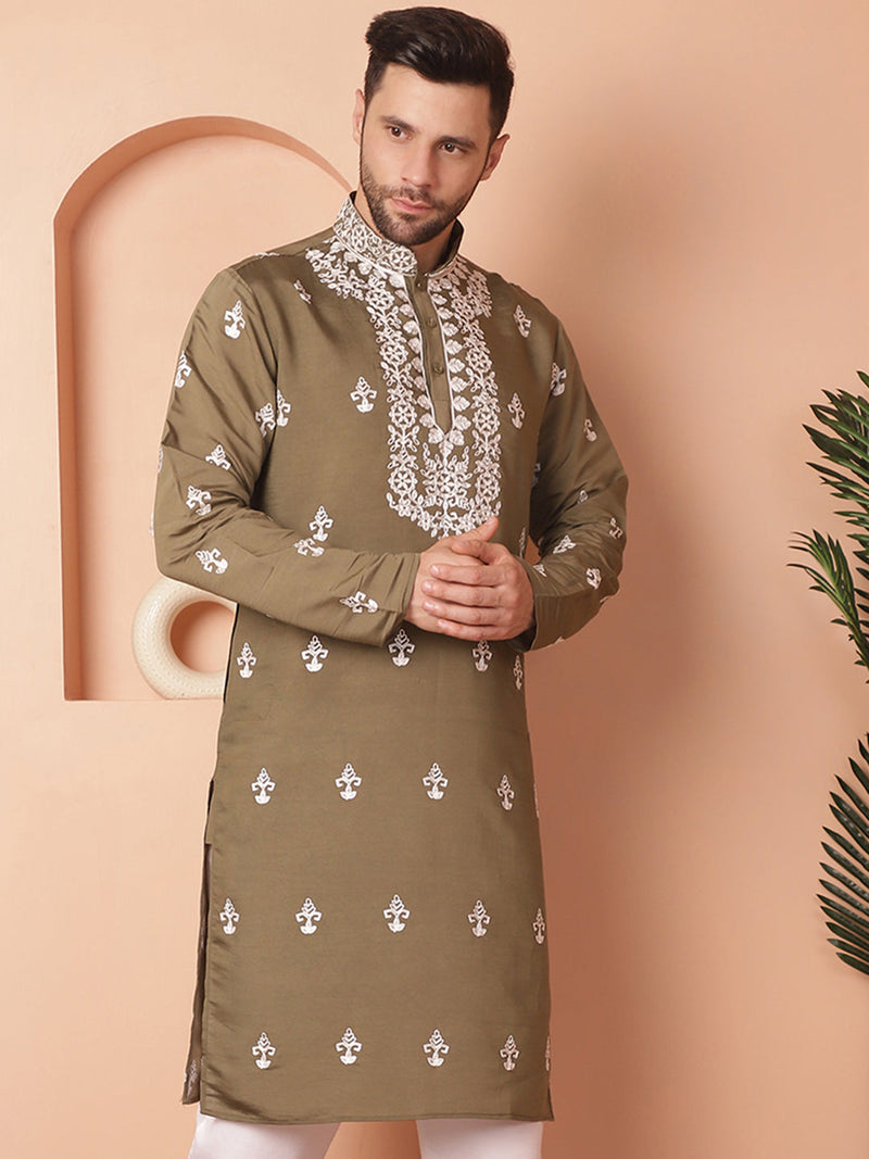 Men's Olive Chikankari Embroidered Kurtas