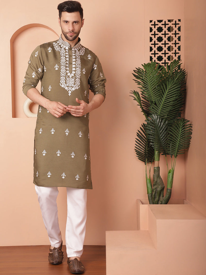 Men's Olive Chikankari Embroidered Kurtas