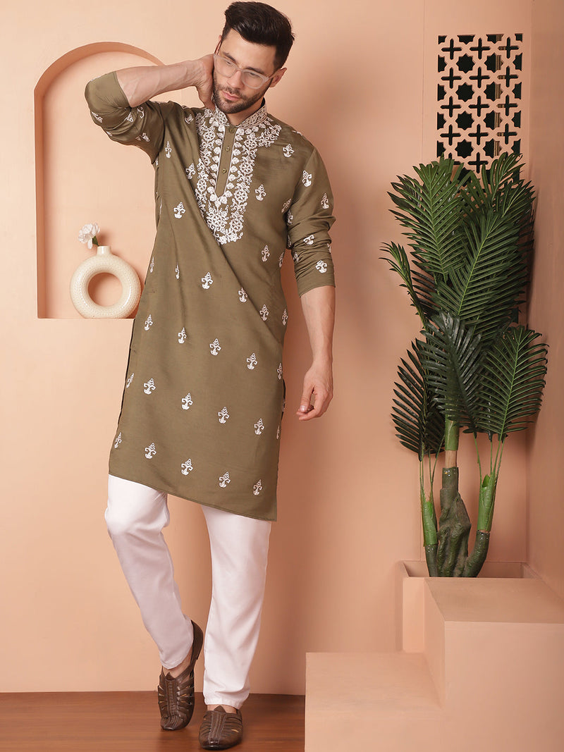 Men's Olive Chikankari Embroidered Kurtas