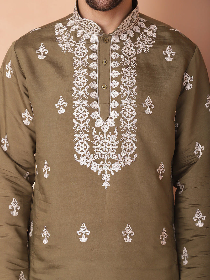 Men's Olive Chikankari Embroidered Kurtas