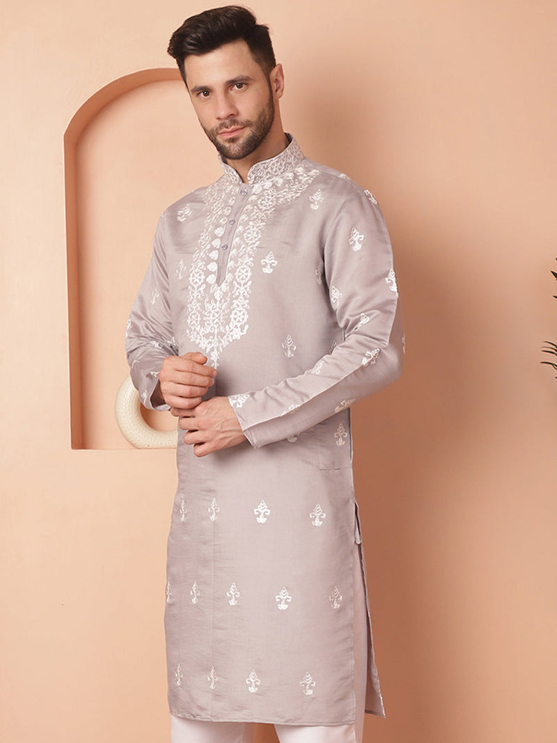 Men's Grey Chikankari Embroidered Kurtas