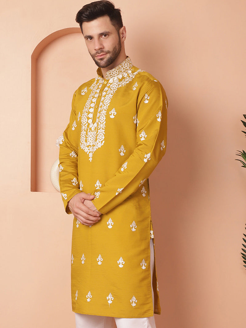 Men's Mustard Chikankari Embroidered Kurtas